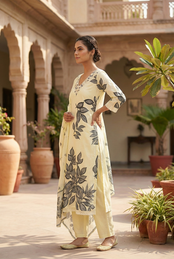 Grey Cotton Beads And Sequins Embroidered Three Piece Set