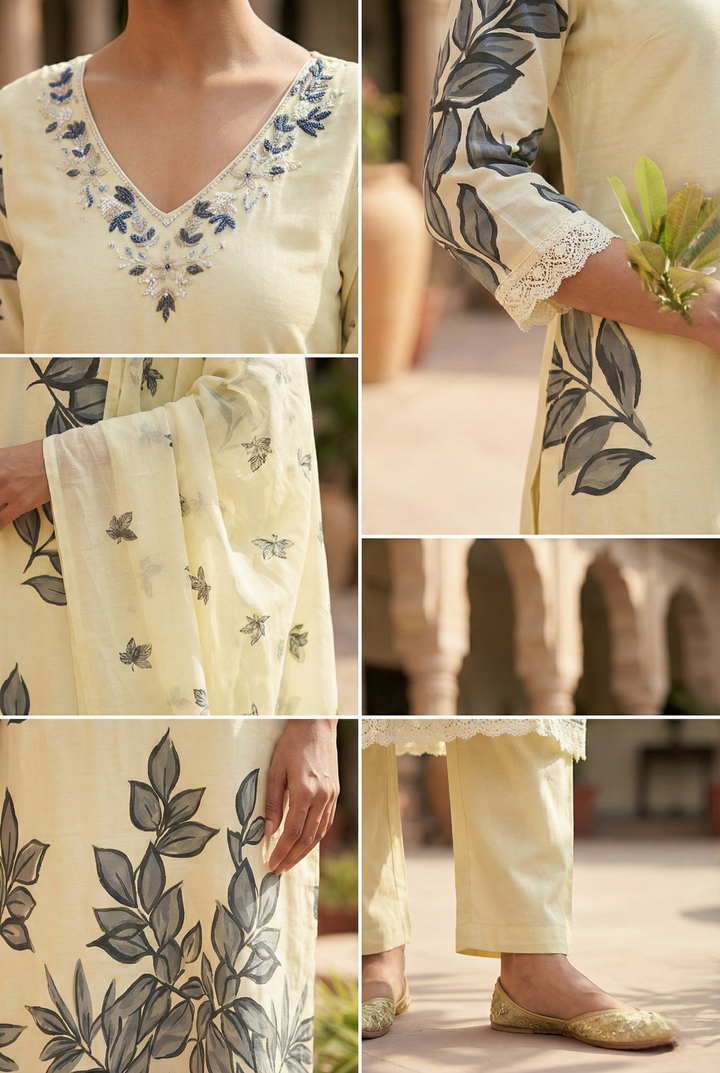 Grey Cotton Beads And Sequins Embroidered Three Piece Set