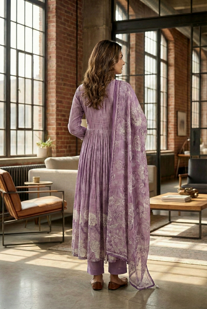 Lavender Rayon Hand Embroidery Three Piece Set