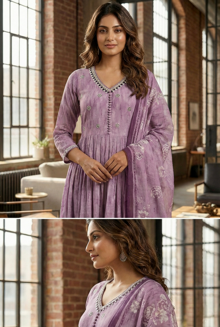 Lavender Rayon Hand Embroidery Three Piece Set