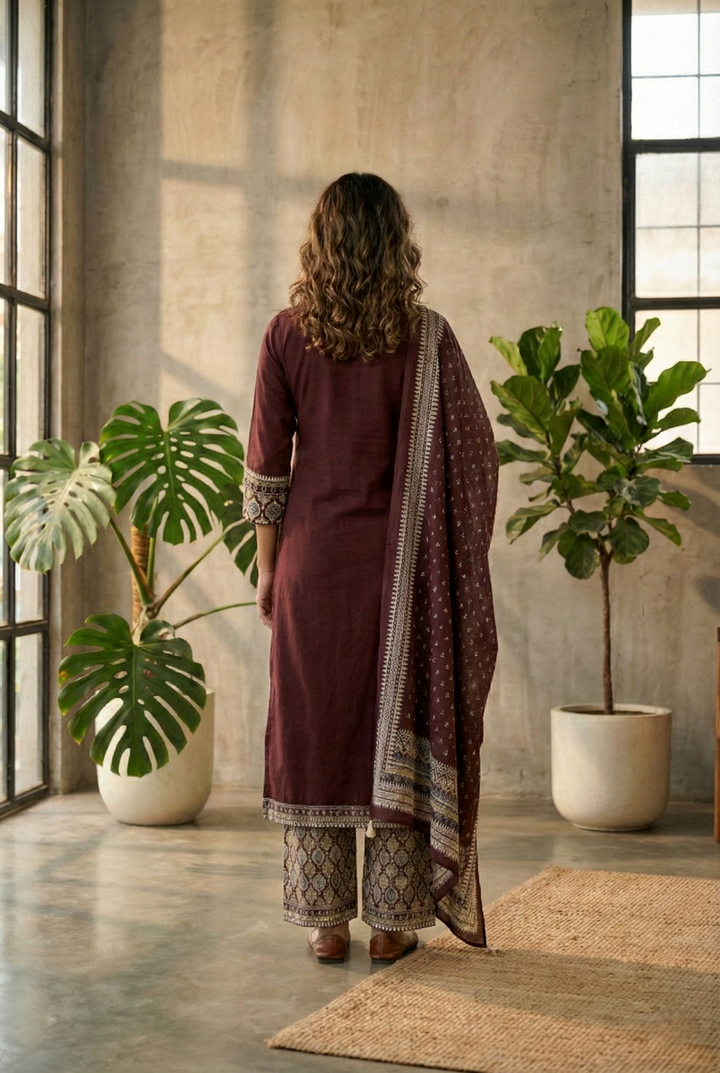 Brown Cotton Three Piece Set