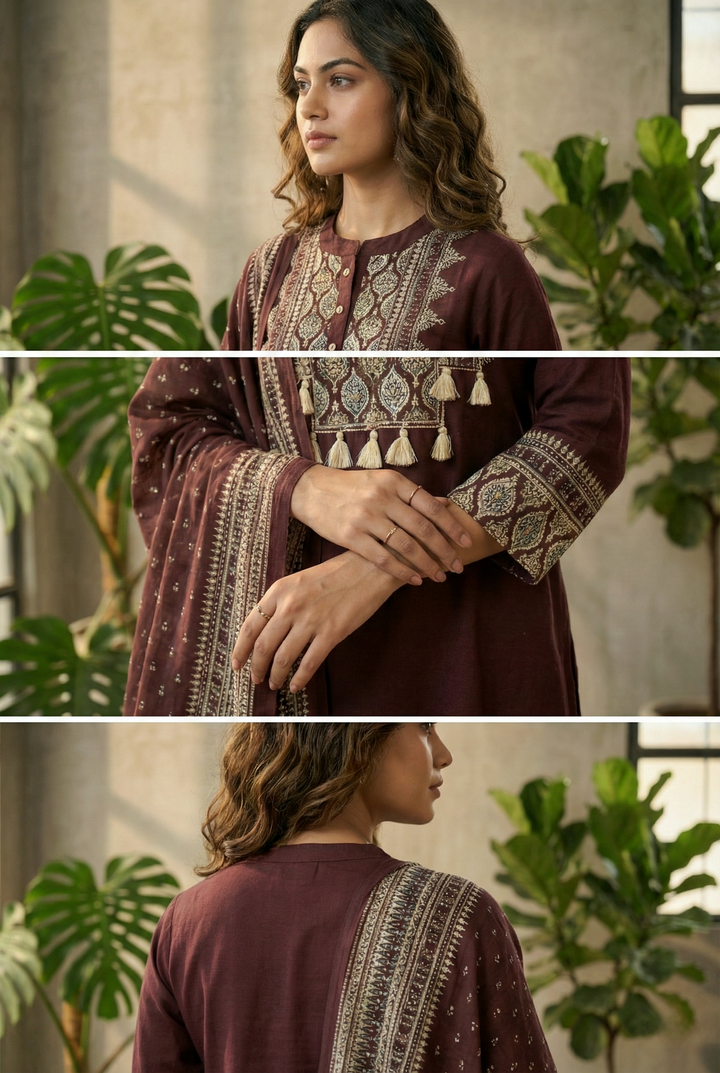 Brown Cotton Three Piece Set