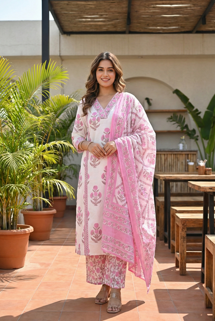 Pink Cotton Floral Printed Three Piece Set