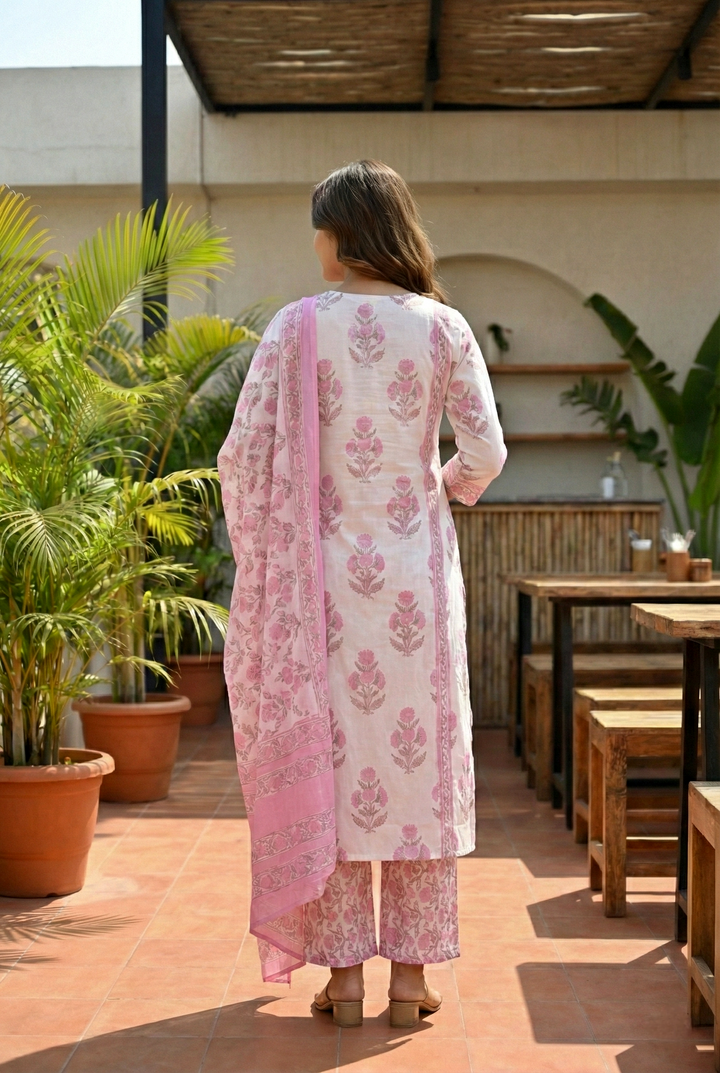 Pink Cotton Floral Printed Three Piece Set
