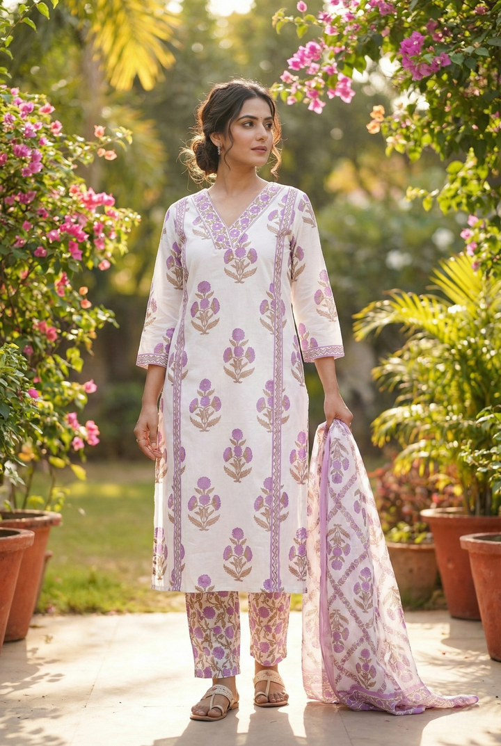 Lavender Cotton Floral Printed Three Piece Set