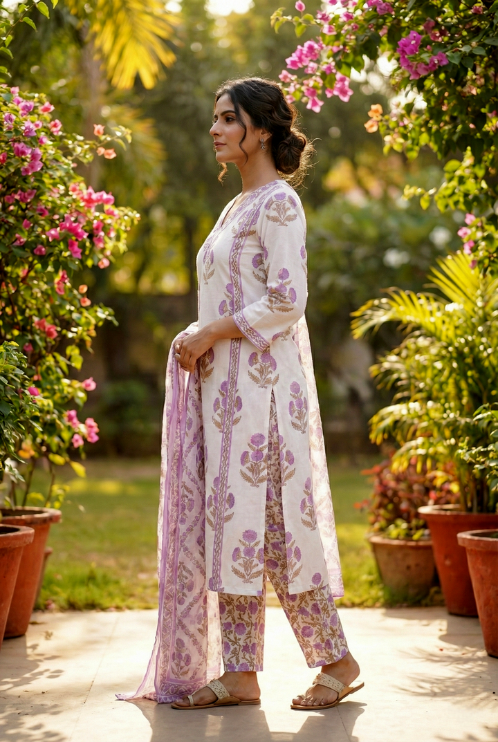 Lavender Cotton Floral Printed Three Piece Set