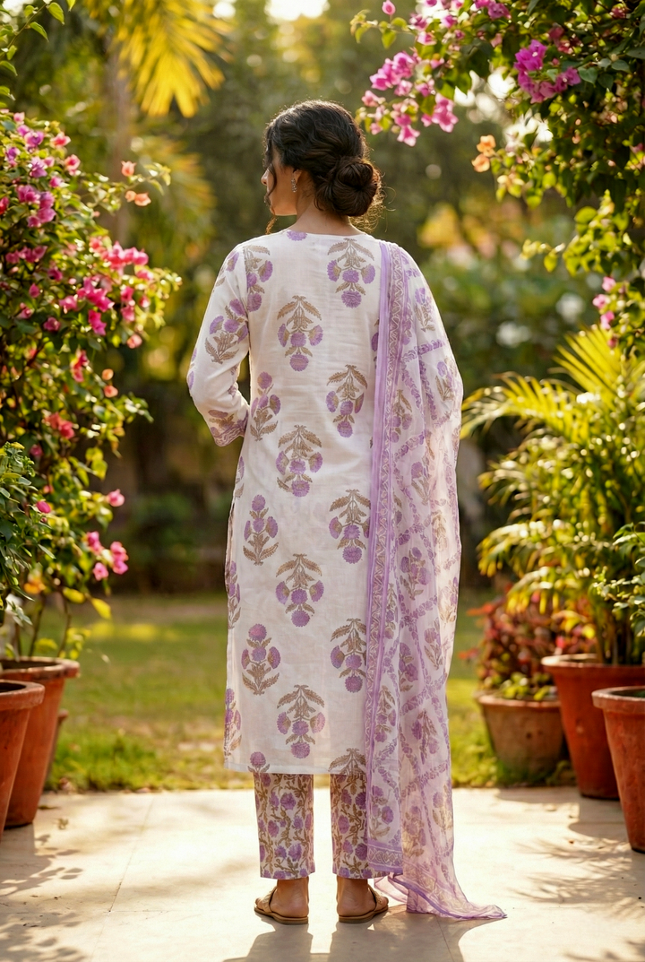 Lavender Cotton Floral Printed Three Piece Set