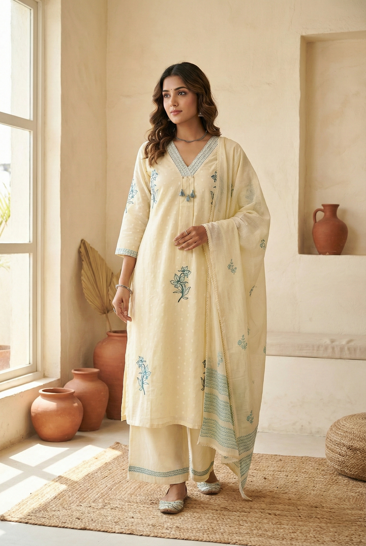 White Cotton Hand Embroidered Three Piece Set