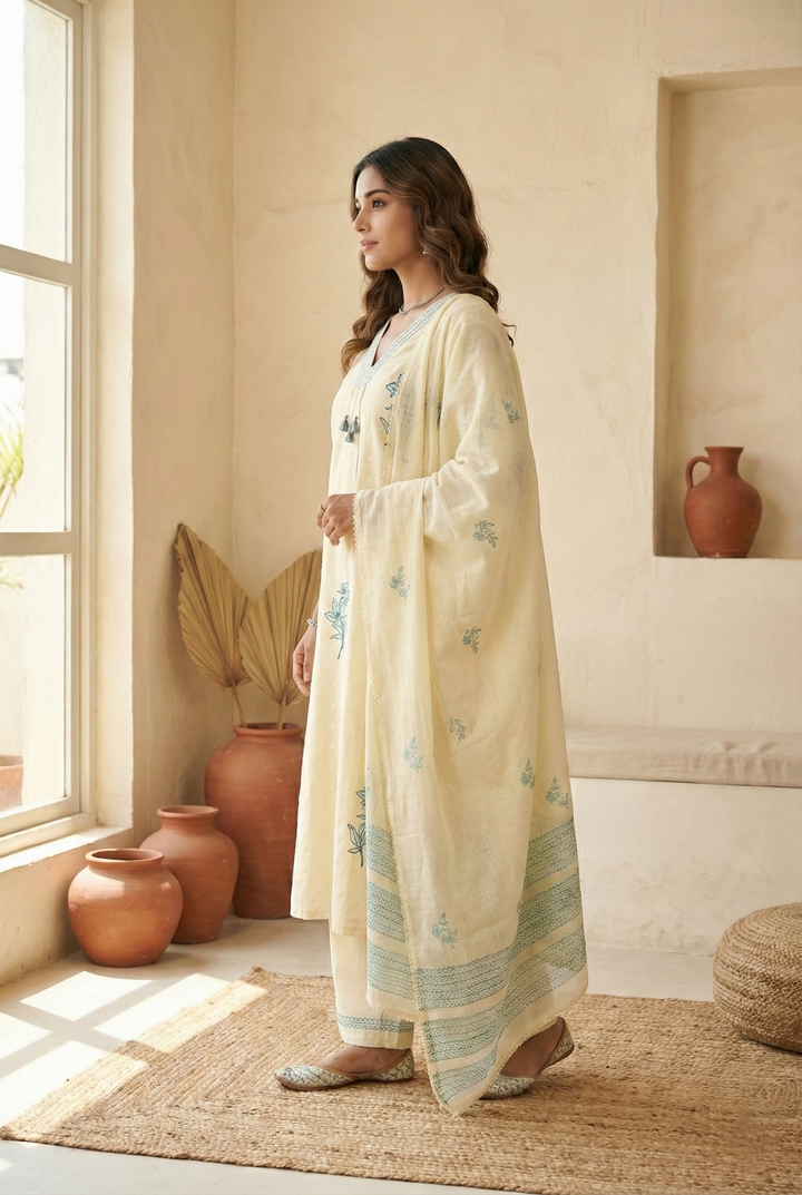 White Cotton Hand Embroidered Three Piece Set