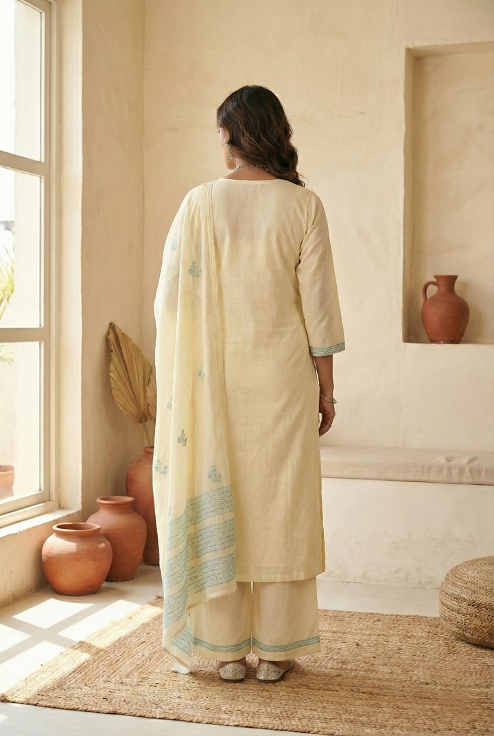 White Cotton Hand Embroidered Three Piece Set