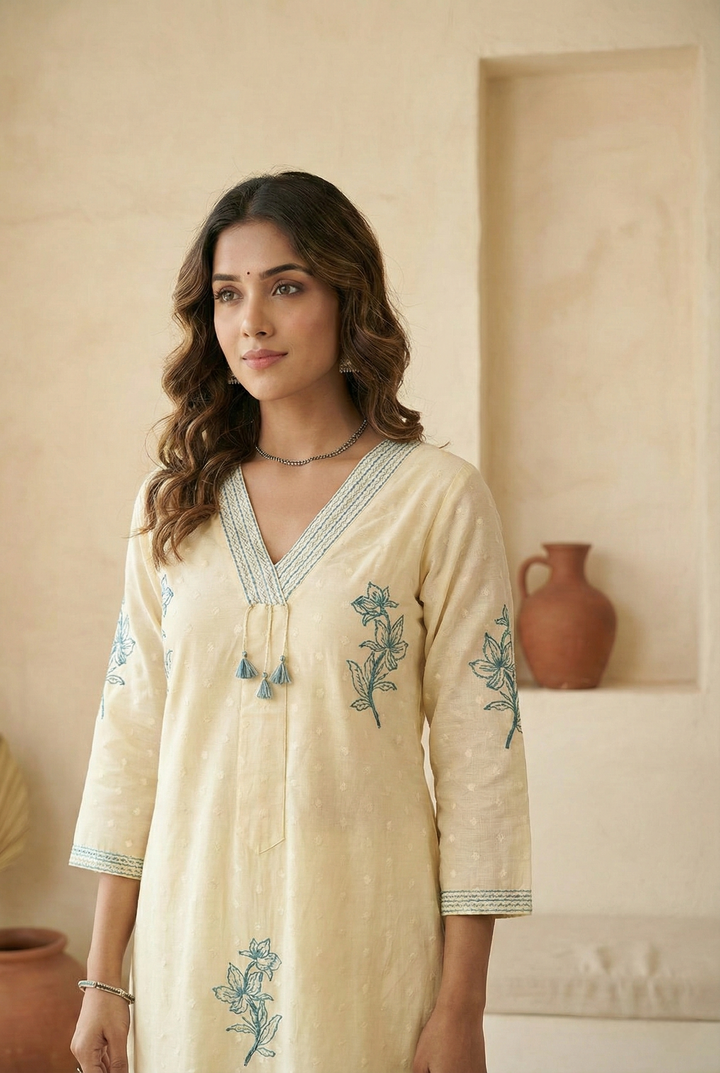 White Cotton Hand Embroidered Three Piece Set