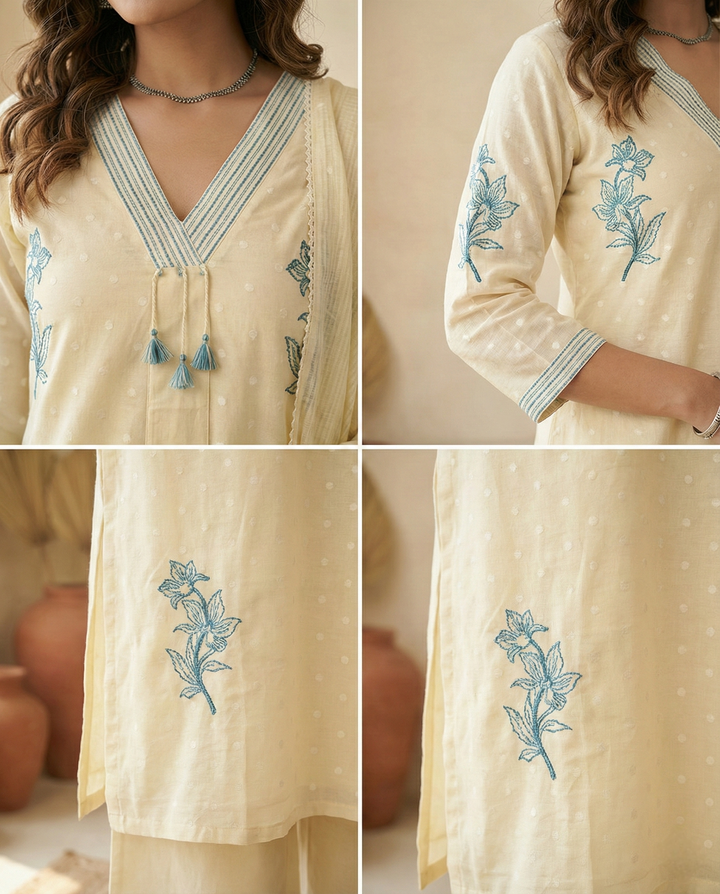 White Cotton Hand Embroidered Three Piece Set