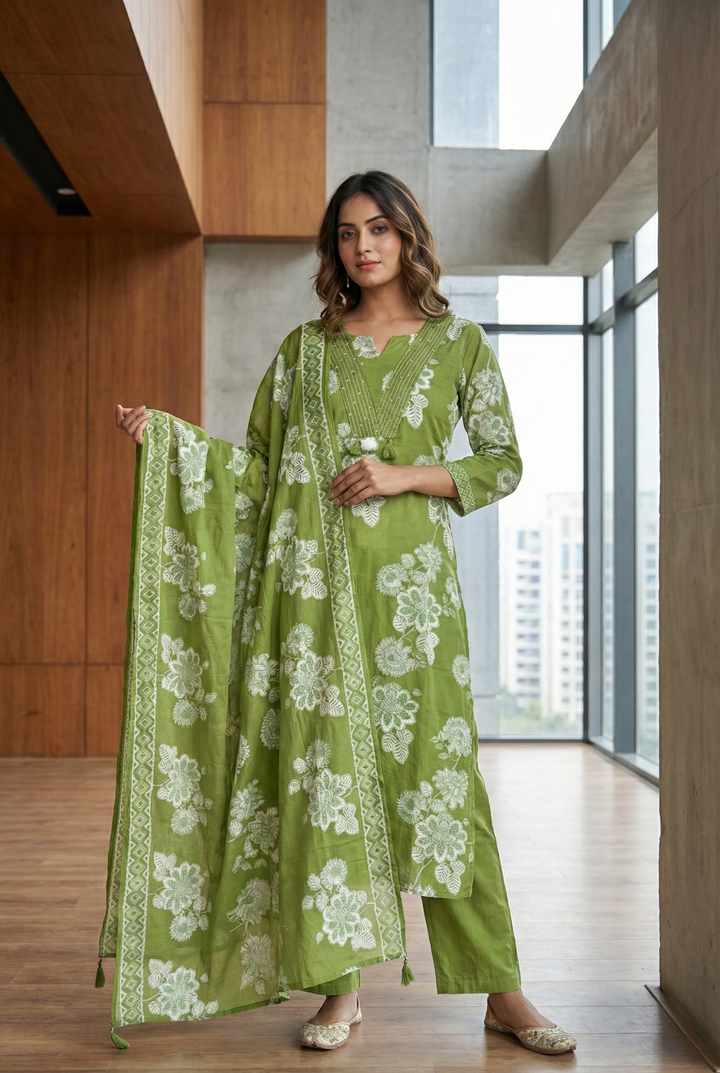 Green Cotton Thread Embroidery And Floral Printed Three Piece Set