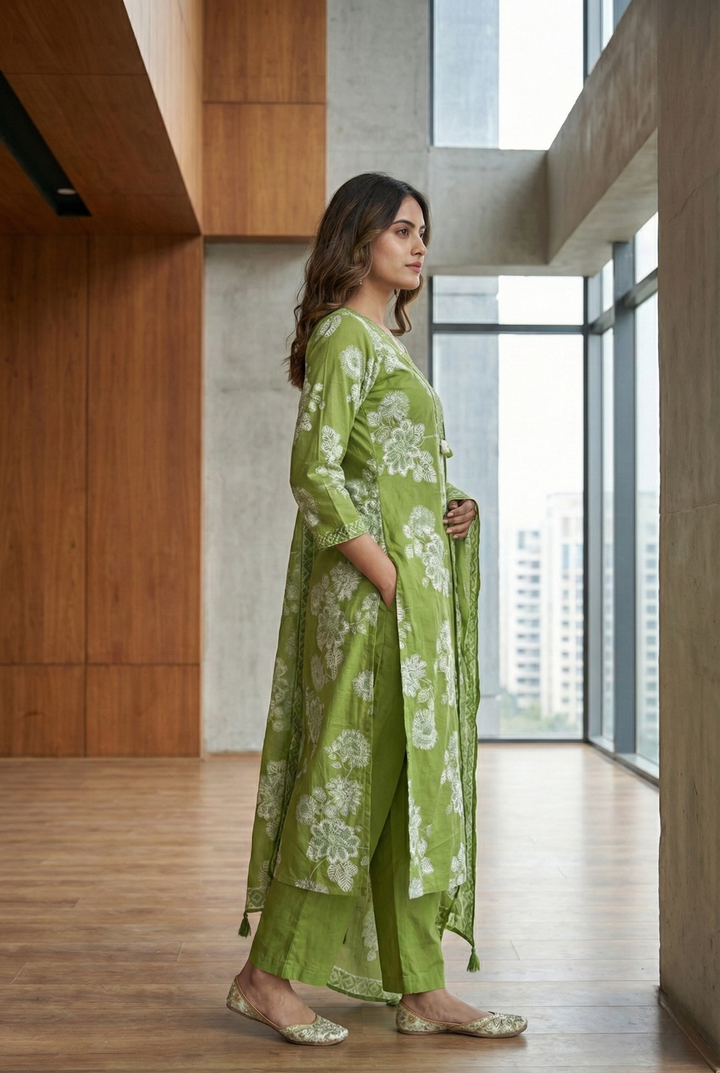 Green Cotton Thread Embroidery And Floral Printed Three Piece Set