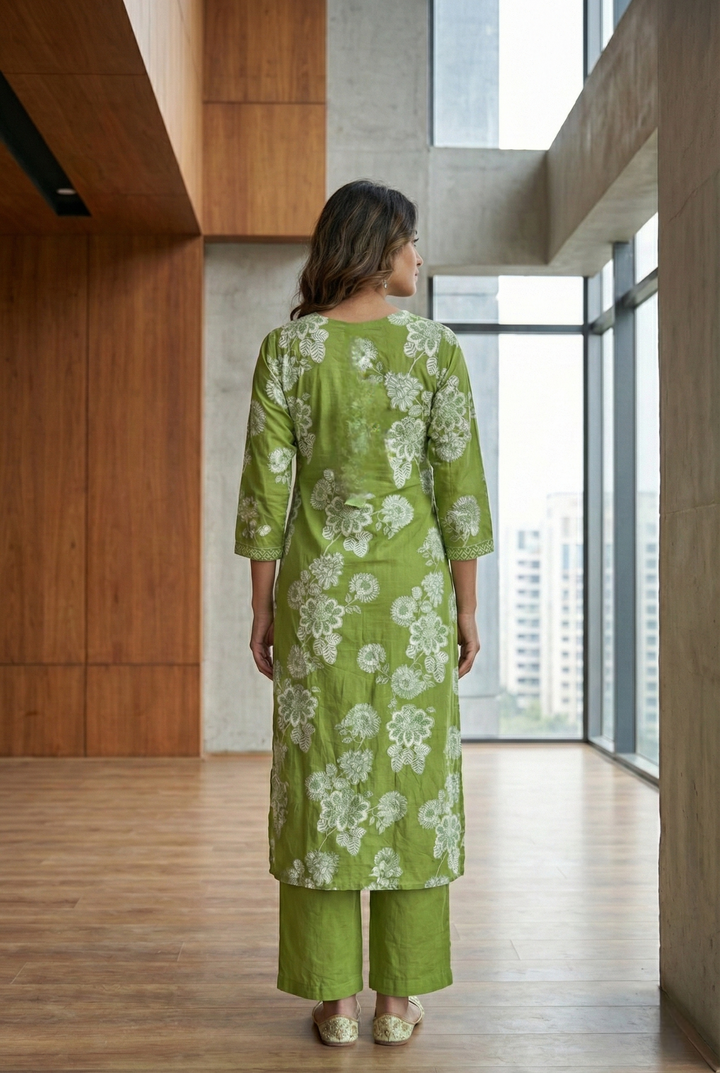 Green Cotton Thread Embroidery And Floral Printed Three Piece Set