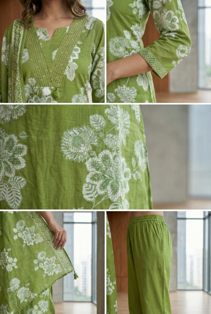 Green Cotton Thread Embroidery And Floral Printed Three Piece Set