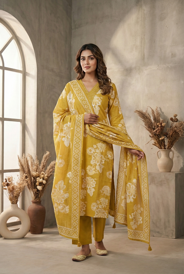 Mustard Cotton Thread Embroidery And Floral Printed Three Piece Set