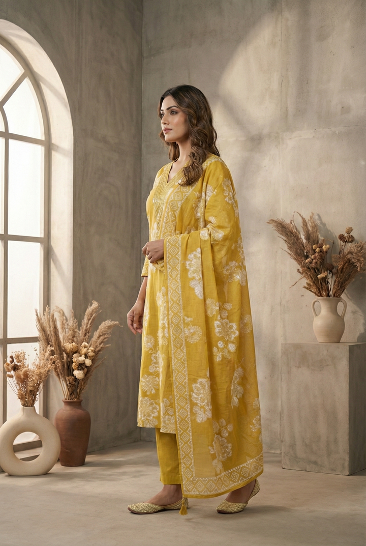 Mustard Cotton Thread Embroidery And Floral Printed Three Piece Set