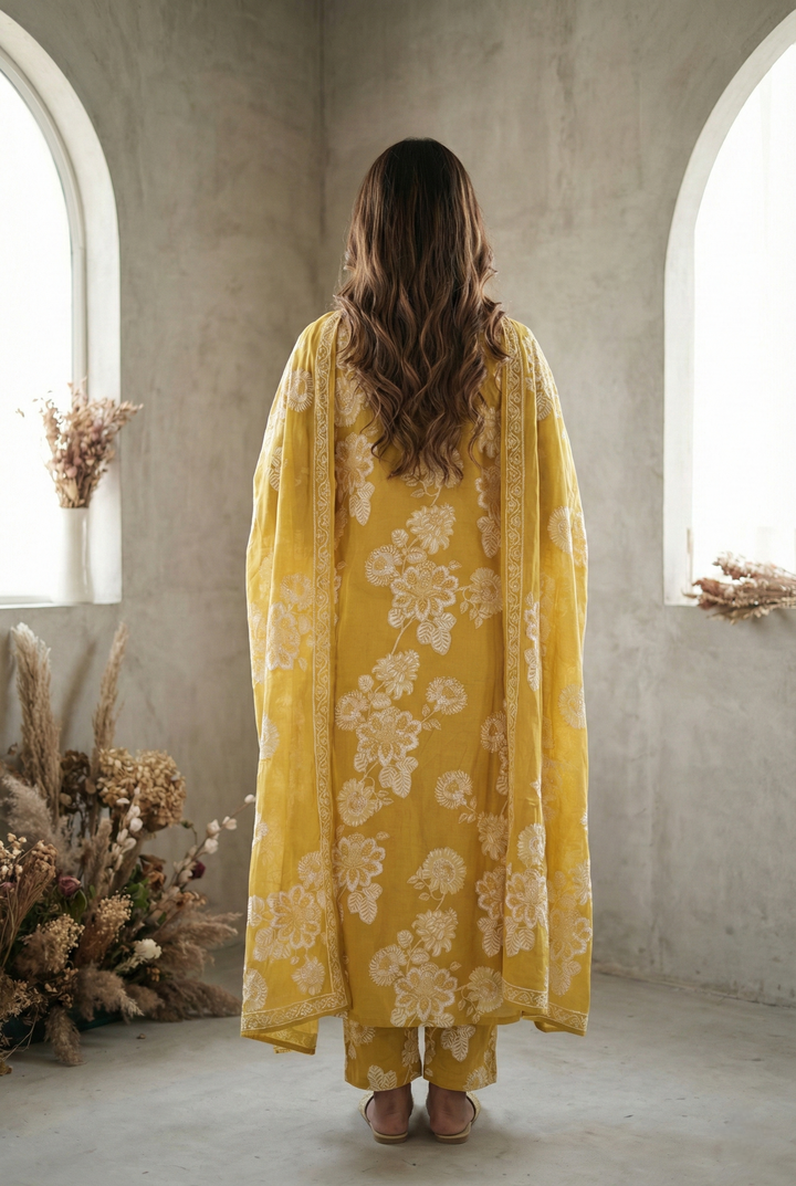 Mustard Cotton Thread Embroidery And Floral Printed Three Piece Set