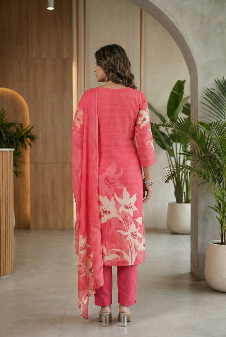 Red Silk Floral Printed And Beads Embroidered Three Piece Set