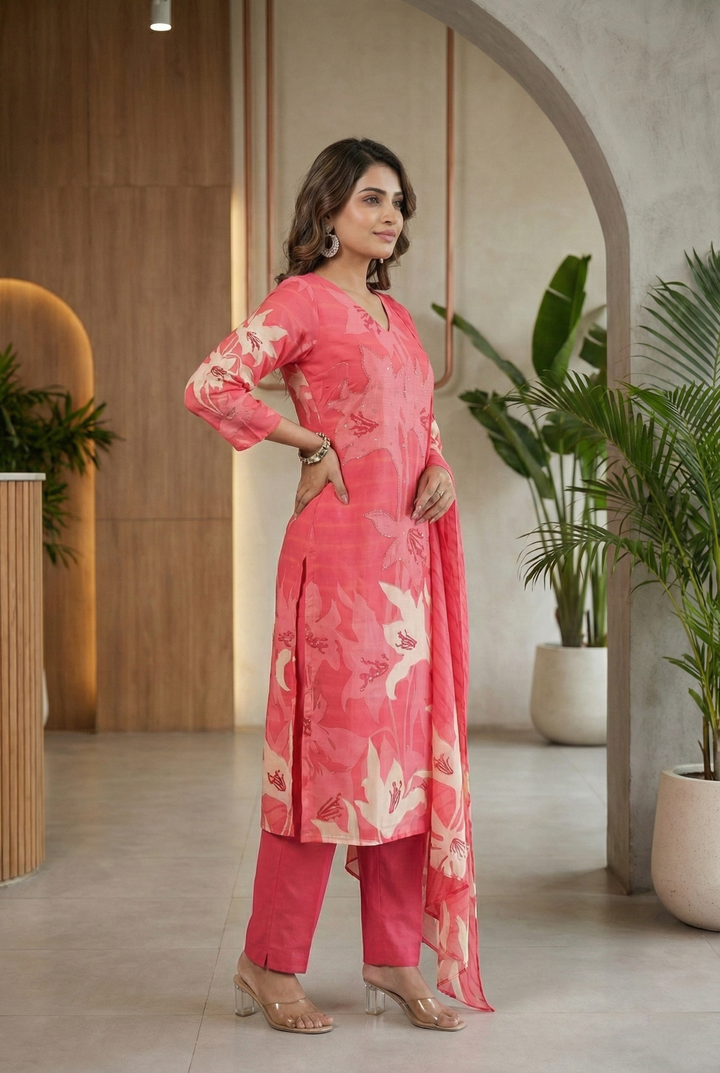Red Silk Floral Printed And Beads Embroidered Three Piece Set
