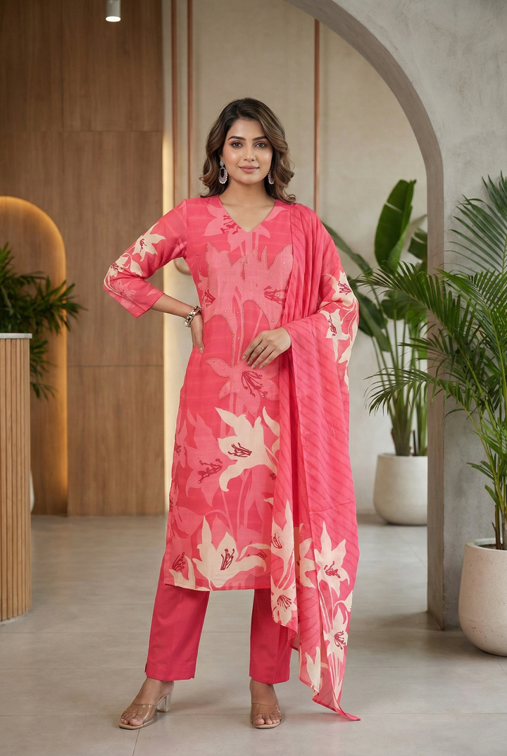 Red Silk Floral Printed And Beads Embroidered Three Piece Set