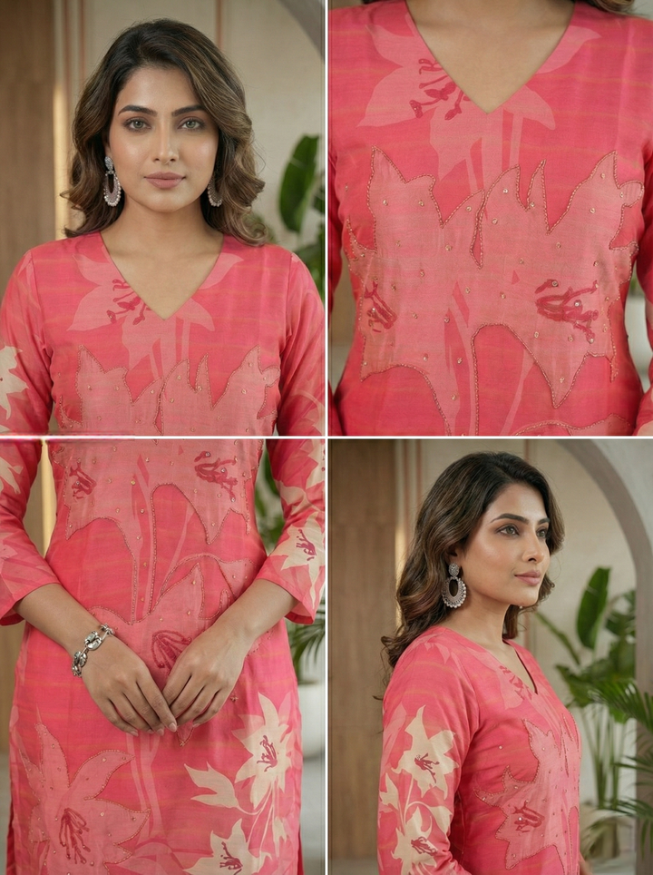 Red Silk Floral Printed And Beads Embroidered Three Piece Set