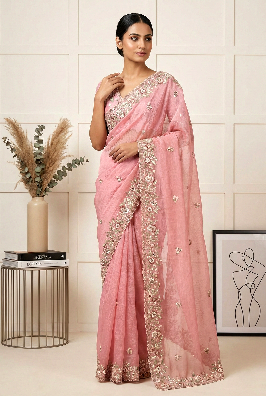 Neerus Pink Georgette Hand Embroidered Saree - front view
