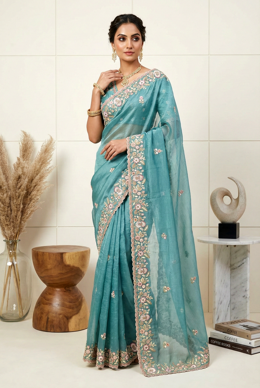 Neerus Blue Georgette Hand Embroidered Saree - front view