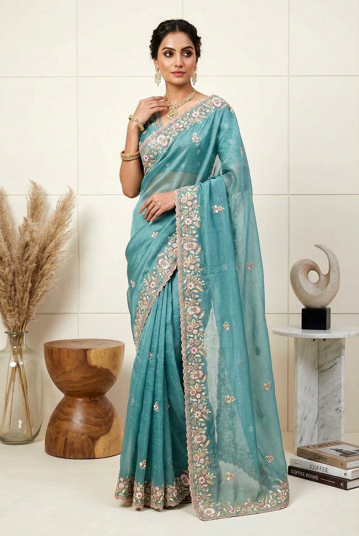 Neerus Blue Georgette Hand Embroidered Saree - front view