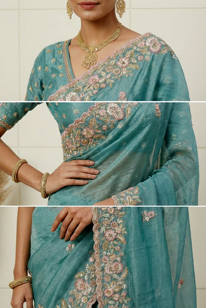 Neerus Blue Georgette Hand Embroidered Saree - side view
