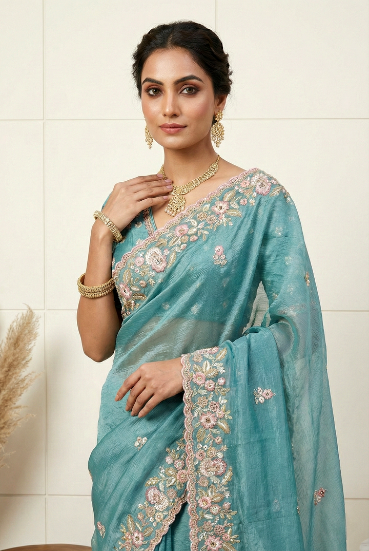 Neerus Blue Georgette Hand Embroidered Saree - back view