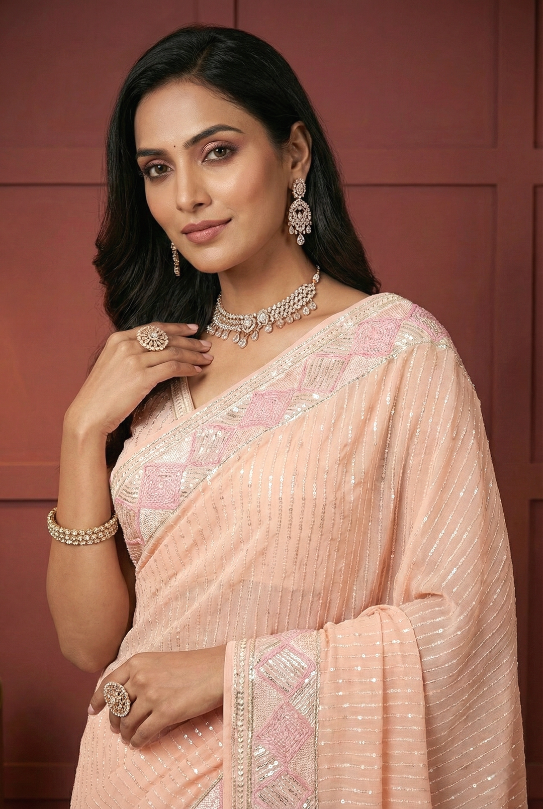 Pink Georgette Sequins Embroidery Saree