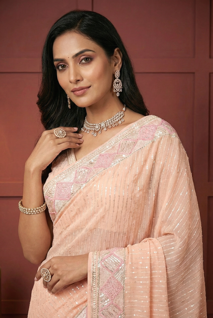 Pink Georgette Sequins Embroidery Saree