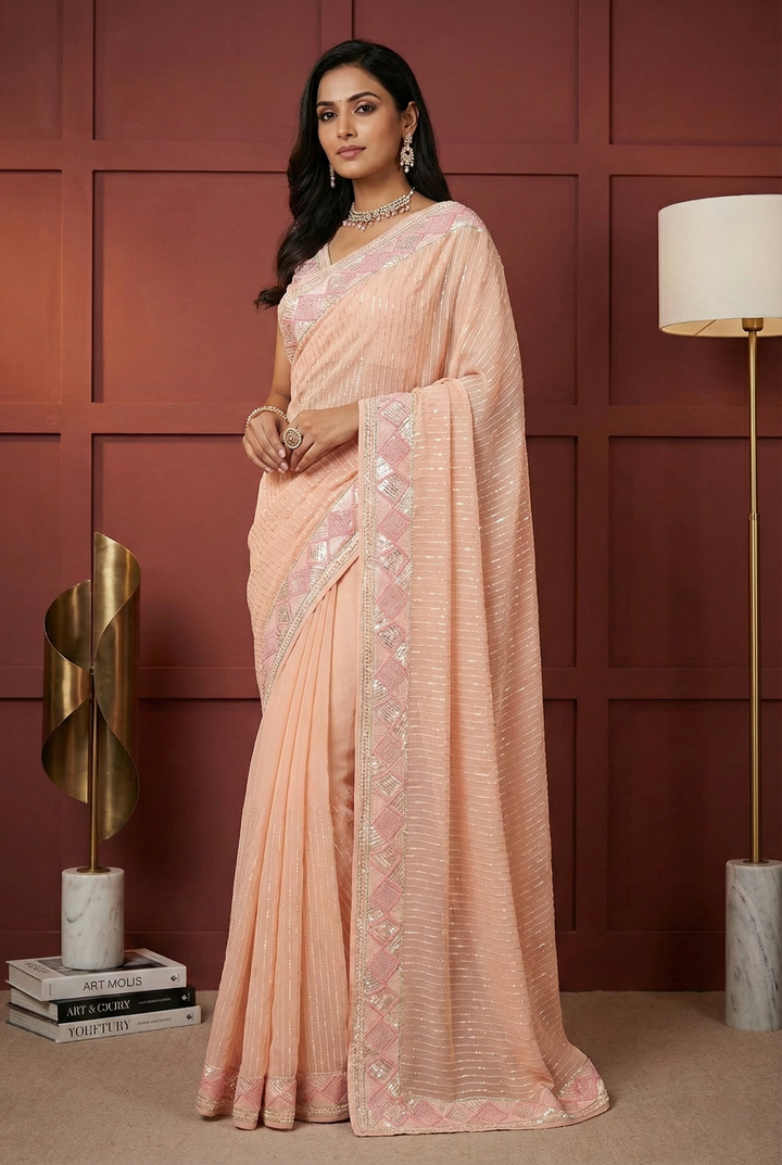 Pink Georgette Sequins Embroidery Saree
