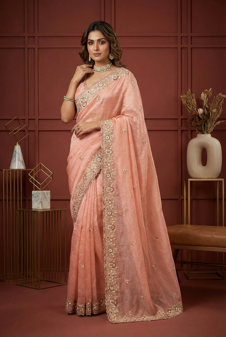 Neerus Pink georgette hand embroidered saree - front view