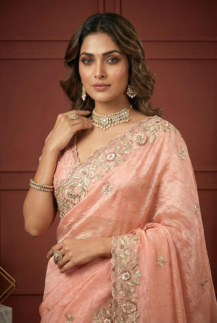 Neerus Pink georgette hand embroidered saree - back view