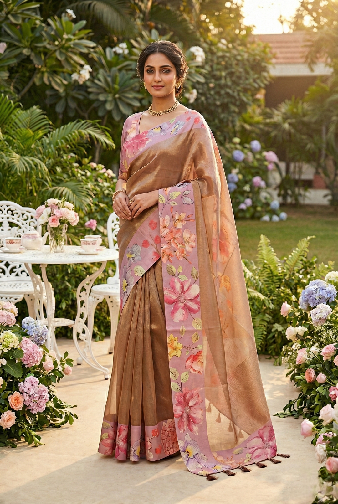 Neerus Pink organza digital printed saree - front view