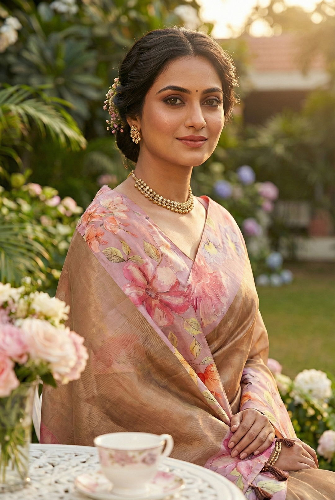Neerus Pink organza digital printed saree - back view