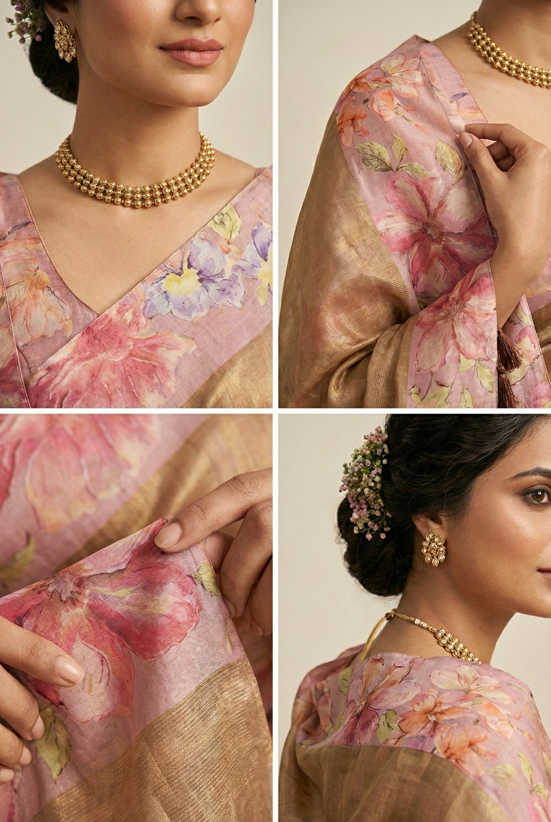 Neerus Pink organza digital printed saree - side view