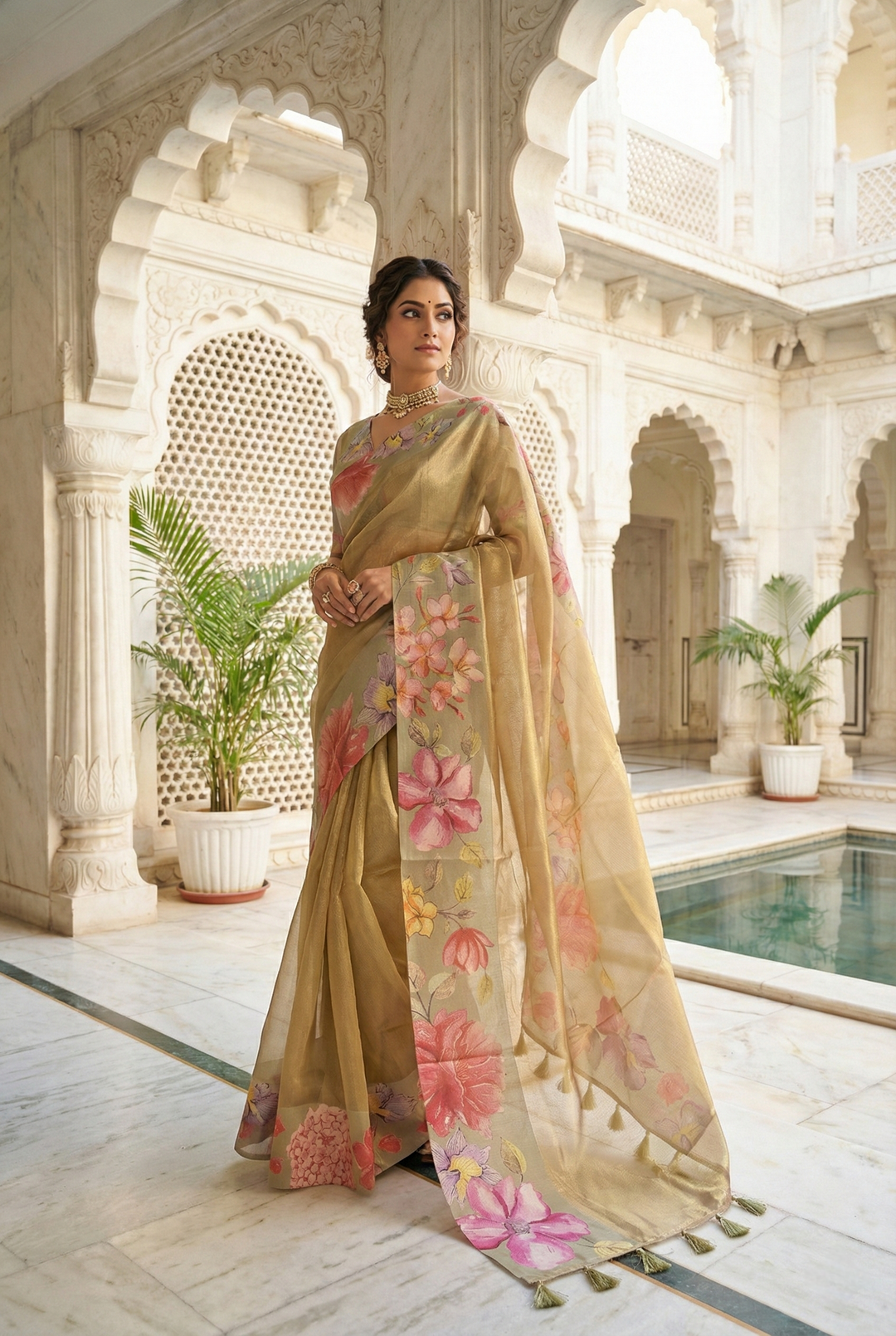 Neerus Grey organza printed saree - front view