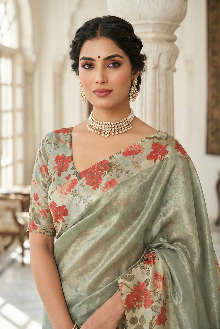 Grey Organza Floral Digital Printed Saree