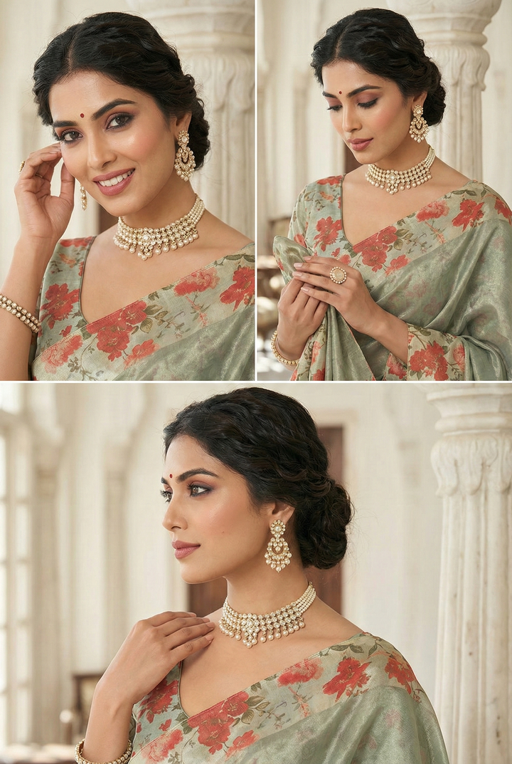 Grey Organza Floral Digital Printed Saree