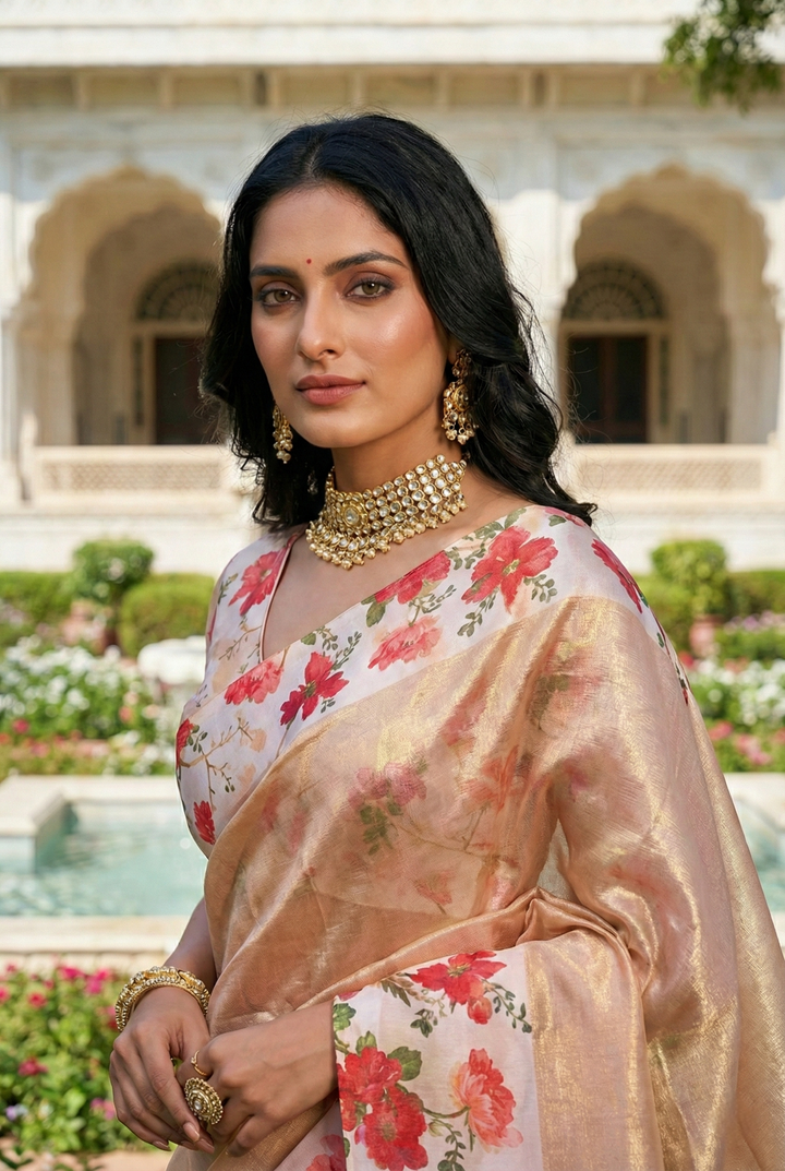 Pink Organza Floral Digital Printed Saree