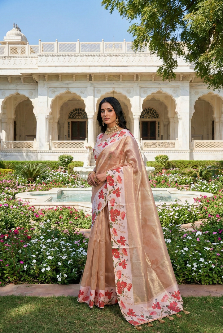 Pink Organza Floral Digital Printed Saree