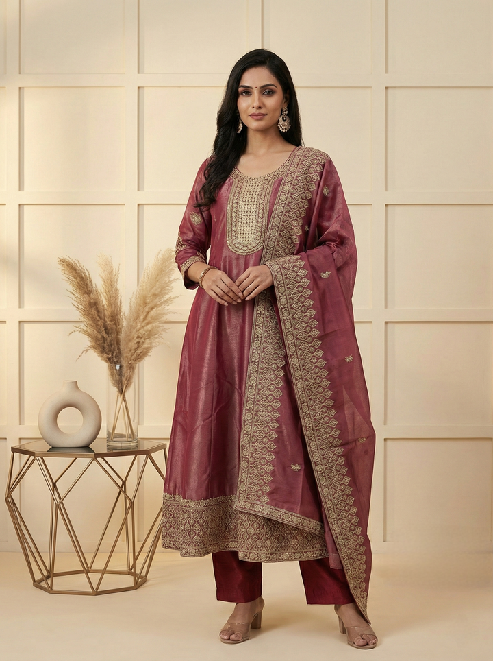 Maroon Tissue Embroidery Three Piece Set