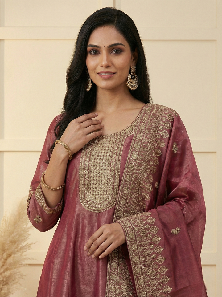 Maroon Tissue Embroidery Three Piece Set