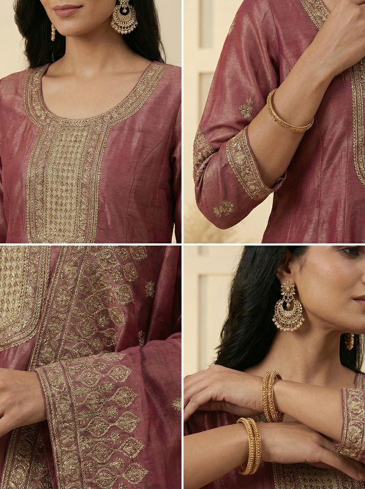 Maroon Tissue Embroidery Three Piece Set