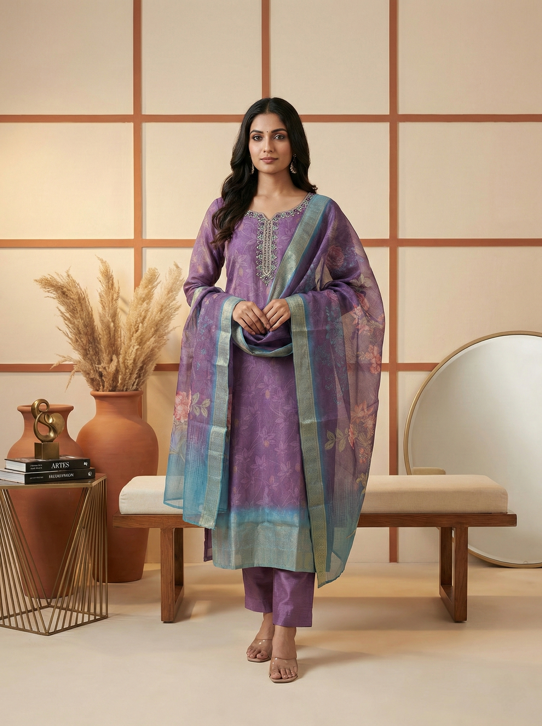 Neerus Purple tissue embellished suit set - front view