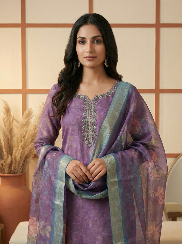 Neerus Purple tissue embellished suit set - back view